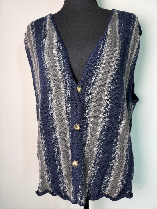 Property Jackets & Blazers - Vintage Ramie Cotton Sweater Vest Gray Navy Striped Sz L 90s